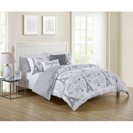 VCNY Home Taupe Paris Night 4/5 Piece Bedding Duvet Cover Set, Shams and Decorative Pillows (Best Duvet For Night Sweats)