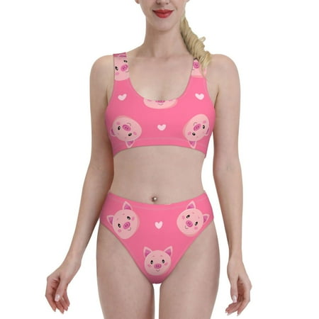 Bixox Cartoon Pigs and Hearts Pattern Two-Piece Sports Bikini with U-Shaped Top and High-Waist Bottom - Women s Swimwear with Removable Bra Pads