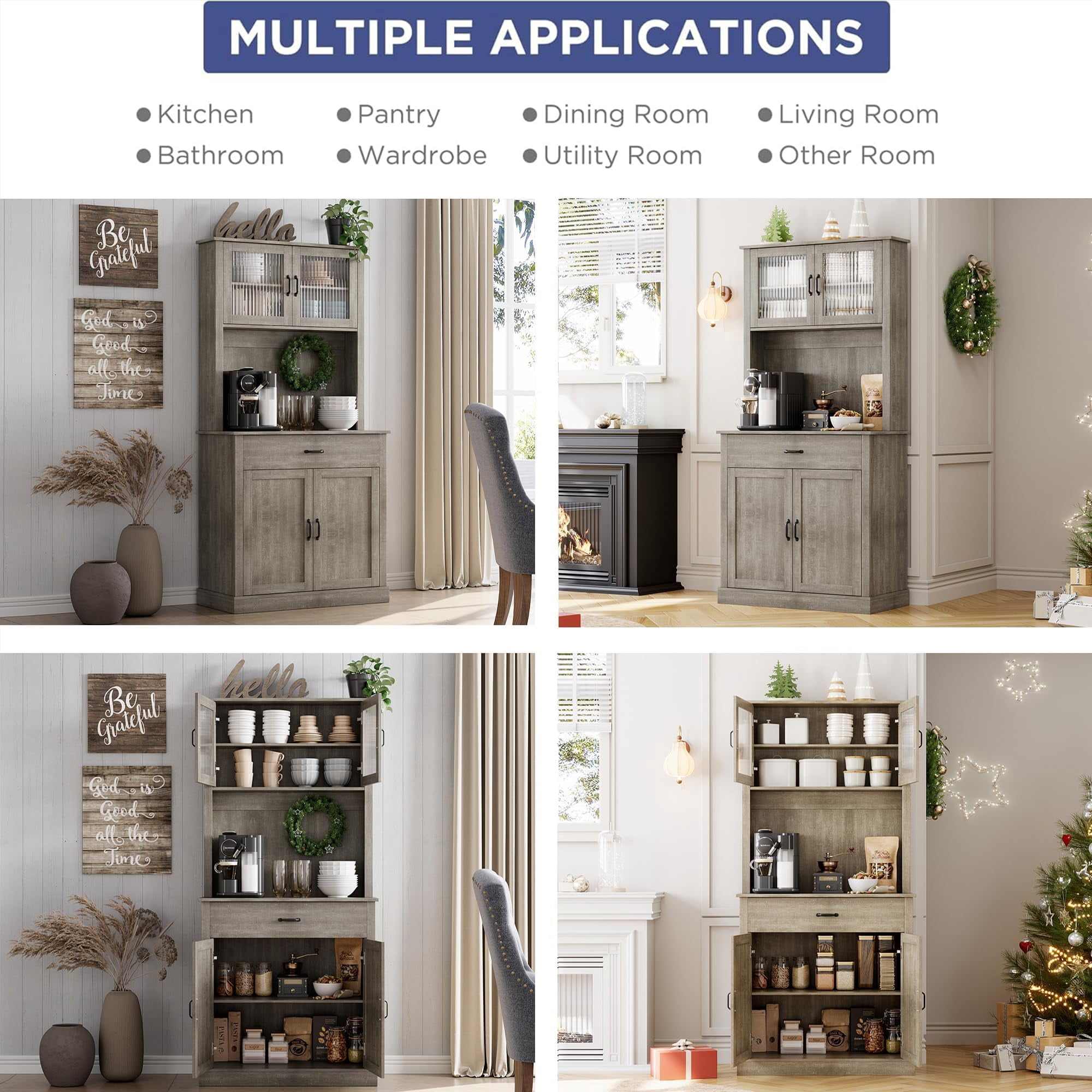 Huisuilinss Kitchen Pantry,71" Tall Pantry Storage Cabinet With Microwave Stand,Kitchen Hutch Cupboard,Freestanding Sideboard Buffet With Drawer,Shelves And Glass Doors,Coffee Bar For Home Dining Room