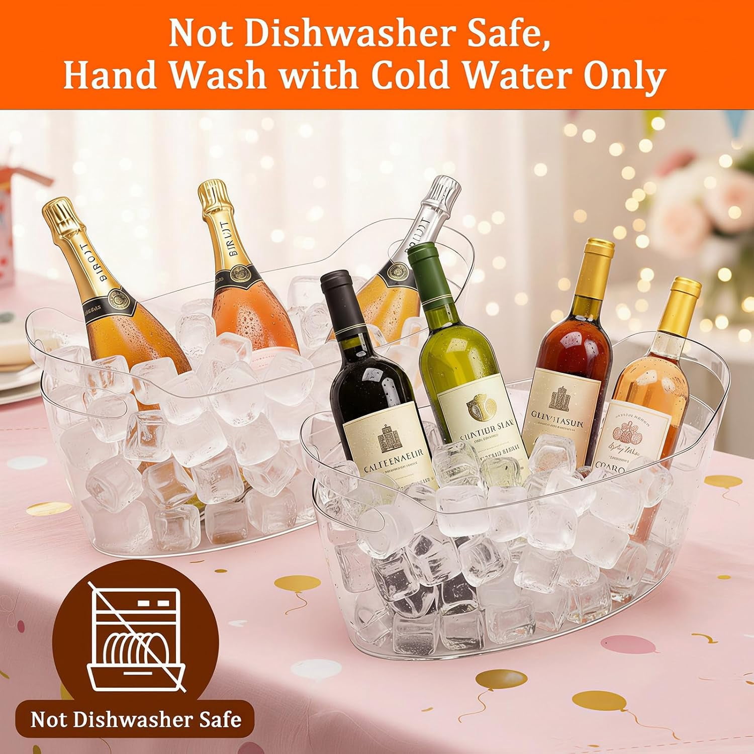 6.5L Ice Bucket 2 Pack Ice Buckets for Parties, Beverage Tub for Cocktail Bar with Handle, Drink Cooler for Wine Beer Champagne, Clear Ice Bucket with Scoop for Mimosa Bar Drink Chiller