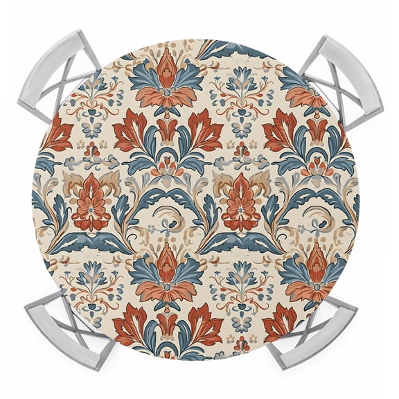 Boho Floral Round Tablecloth for 36-44 Inch Tables,Fitted Table Cover with Elastic Edge,Farmhouse Vintage Red Blue Flower Plant Waterproof Outdoor Table Cloth Protector for Patio Garden Dinner Picnic