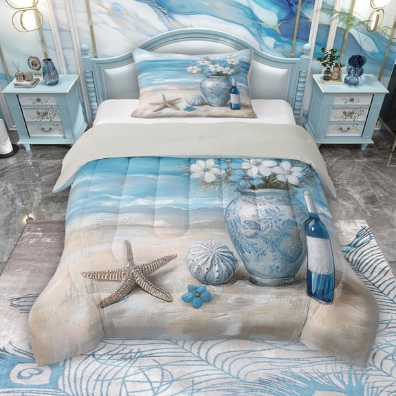 Erosebridal Beach Theme Twin Comforter Sets for Girls, Ocean Starfish Bedding Set, Gray Reversible, 1 Comforter and 1 Pillowcase