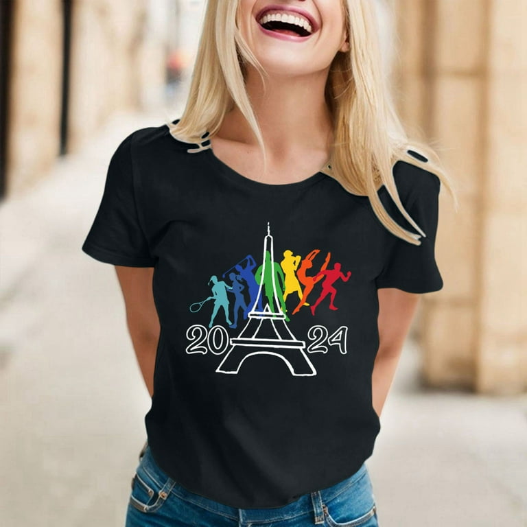 Womens Paris Tops Pullover Ladies Oversized Tshirt Shirts Western Shirts Summer Casual Outfits Basic Tunic Tee Shirts Essentials Going Out Y2k Tops Walmart