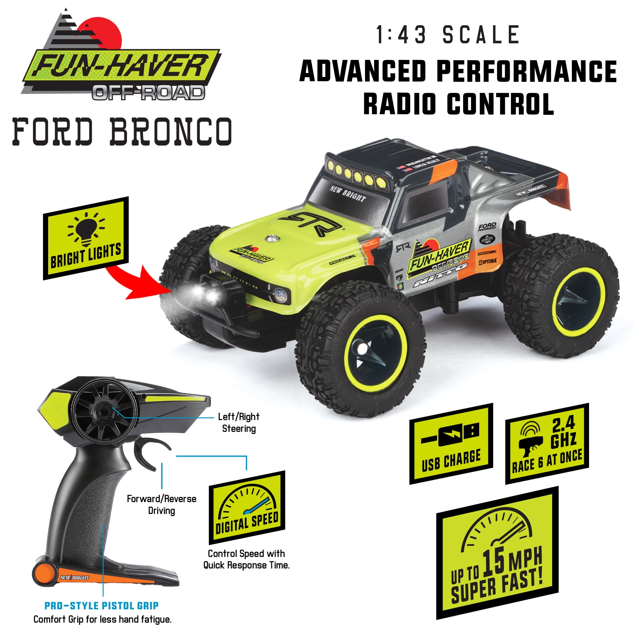 New Bright (1:43) Bronco Battery Remote Control Green/Gray Monster Truck, 84311U