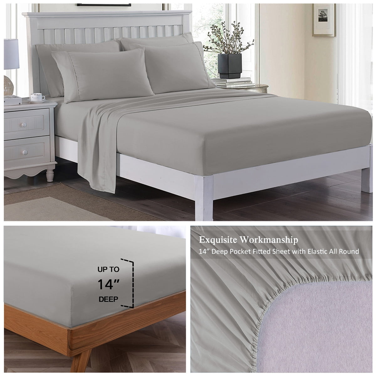 JML Bedding Full Bed Sheets Set - 6 Piece Bedding - Brushed Microfiber 100% Polyester - Shrinkage and Fade Resistant - Easy Care (Full, Grey)