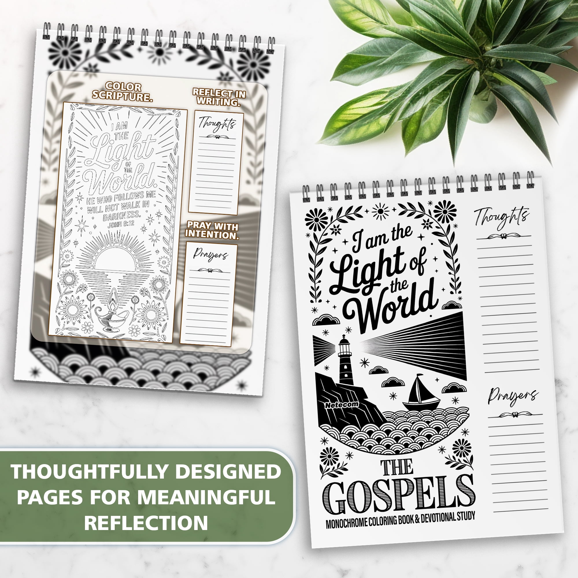 The Gospels Monochrome Coloring Book for Adults, 30 Minimalist Scripture Art Pages with Reflection & Prayer Space, Spiral Bound, A4 or A5 Softcover or Wood Cover