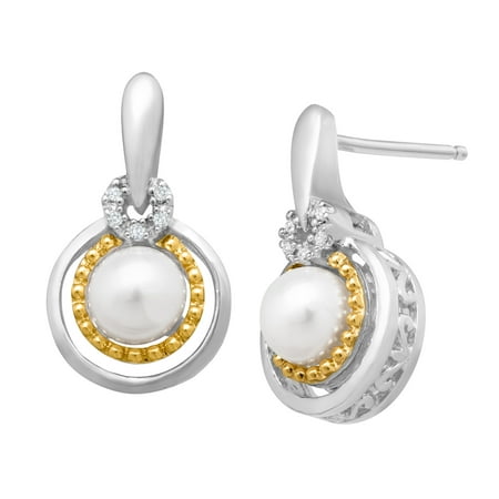Duet Freshwater Pearl Drop Earrings with Diamonds in Sterling Silver and 14kt Yellow Gold