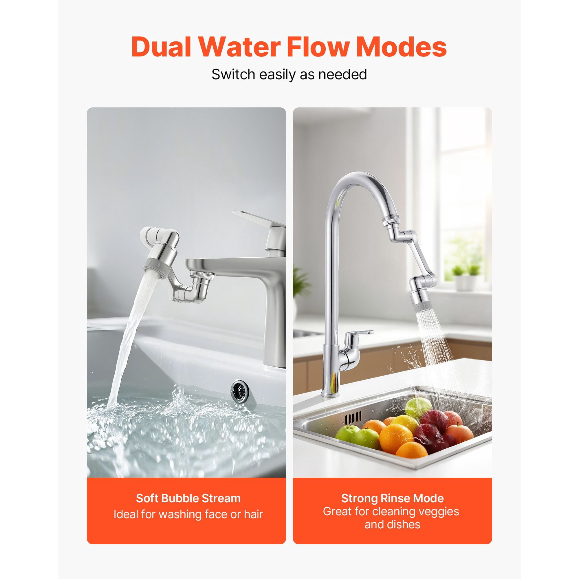 1080° Rotating Faucet Aerator Swivel Extender, Dual Water Flow Modes Three Thread Sizes, Brass Connector Zinc Alloy for Kitchen Sink Water Saving