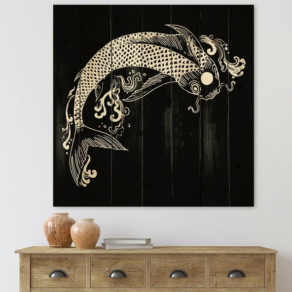 Designart 'Chinoiserie With Koi Fish I' Traditional Print on Natural Pine Wood