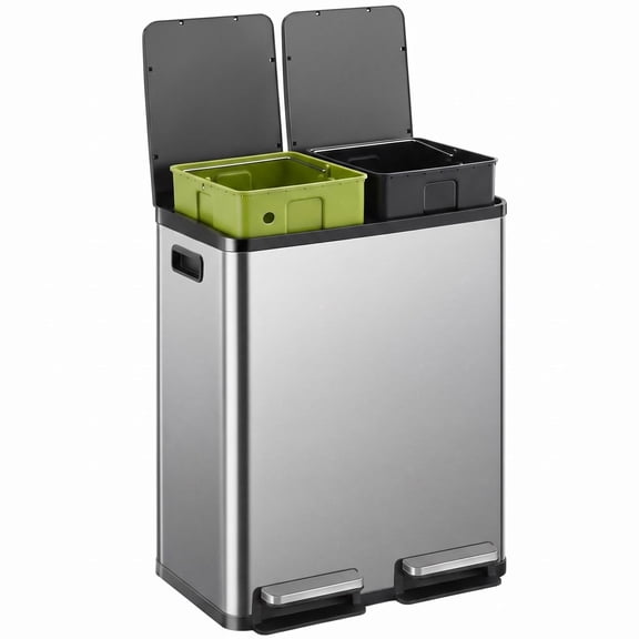 LIFERECORD Kitchen Trash Can 16 Gal Dual Compartment, Stainless Steel Step Trash Can with Soft-Close Foot Pedal, Fingerprint Resistant, 2 Removable Inner Buckets