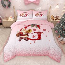 Manfei Teens Merry Christmas Bedding Comforter Set, Initial Letter G Twin Comforter Sets, Girly Pink Princess Cartoon Reversible Bedding Set, Microfiber Bedroom Decor, 2pcs