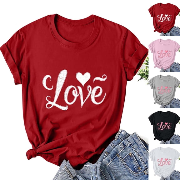 VKOYWKM Women's Heart Print Tees Valentines Day T-Shirts Short Sleeve Loose Fit Holiday Tops Spring T-Shirt Casual Crew Neck Romantic Valentine T-Shirts