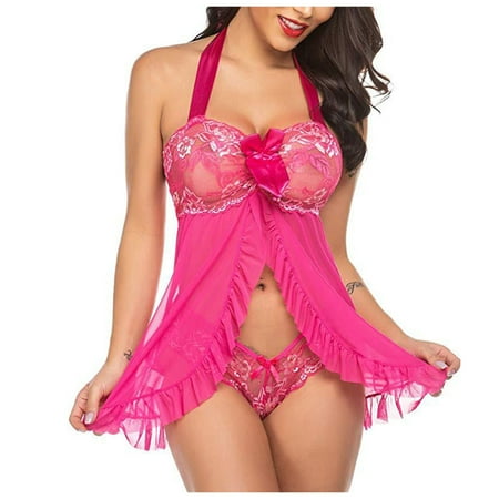 Atogsazn Lingerie for Women V Neck Nightwear Satin Sleepwear Lace Chemise Mesh Nightdress Sexy Chemise Nightie A-Hot Pink S on Clearance