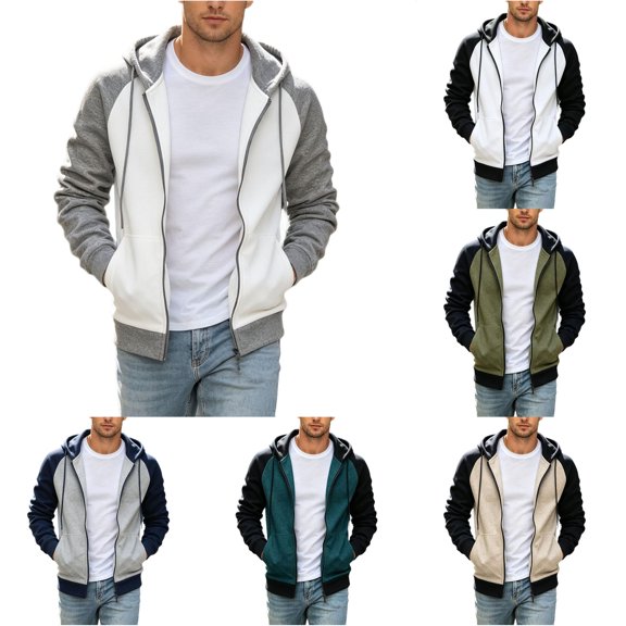 LIIPEE Color Block Zip Up Hoodies For Men Long Sleeve Hooded Sweatshirts Male Autumn Winter Comfortable Casual Sweatshirt With Pockets,L