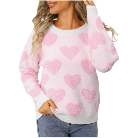 Fengactive Cute Heart Sweater for Women Knitted Love Sweaters Tops Valentine's Day Outfits Crewneck Long Sleeve Pullover Shirts