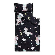 - Unicorn Nap Mat, with Removable Pillow for Kids Toddler Boys Girls Daycare Preschool Kindergarten Sleeping Bag, White Unicorns Printed on Black, 100% Microfiber