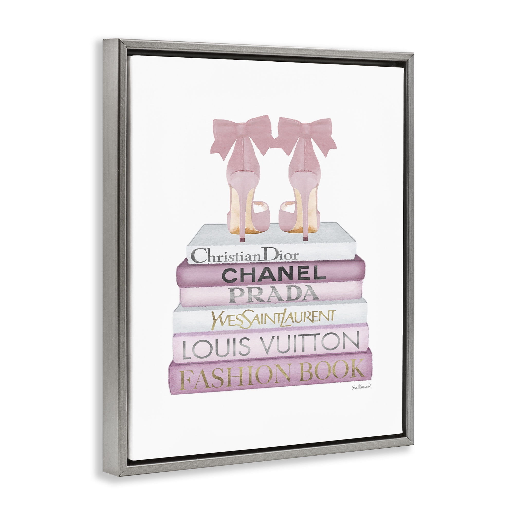 Stupell Industries Pastel Pink Heels & Books Beauty & Fashion Painting Gray Floater Framed Canvas Art Print Wall Art, 17 x 21