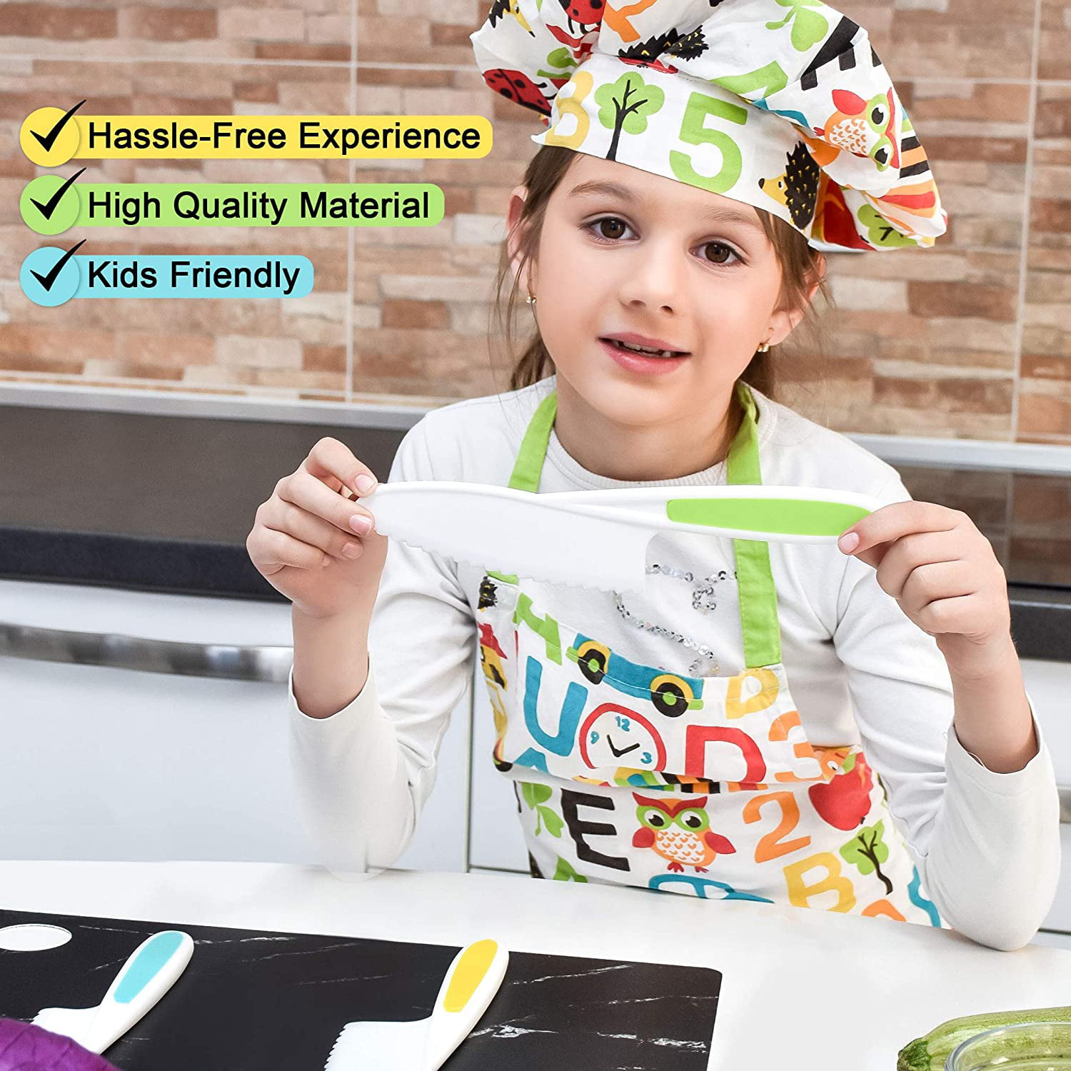 Nogis 3Pcs Kids Plastic Knife Set,BPA-Free Children's Safe Cooking Knife  Set (Ages 4-12)&Cutting Board for Fruit,Salad