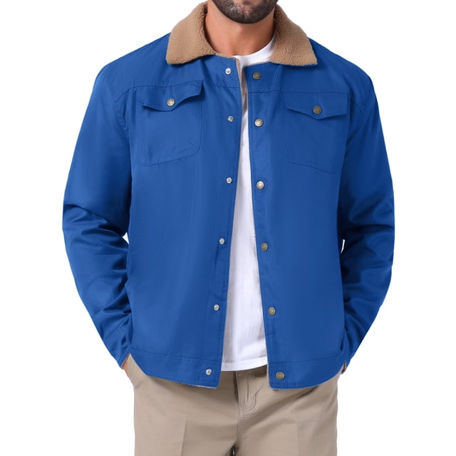 Abrigo de invierno INSPIRE CHIC para hombres, con cuello, botones frontales, forro de felpa, bolsillos, chaqueta de camionero, talla S, color azul
