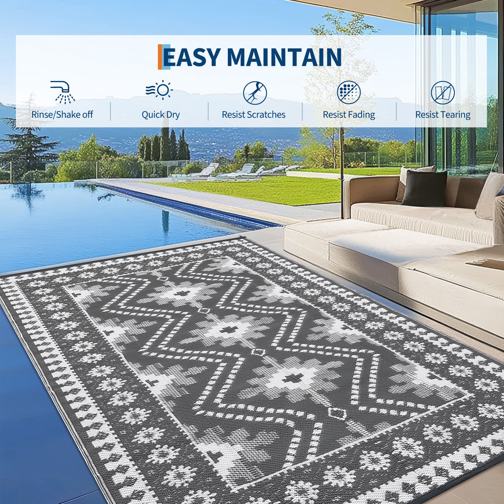 HIWEAVER 9' x 12' Gray/White Outdoor Rug PP Plastic Straw Woven Waterproof Patio Rug with Border Portable Outside Carpet for Balcony Deck Picnic Garden Decor