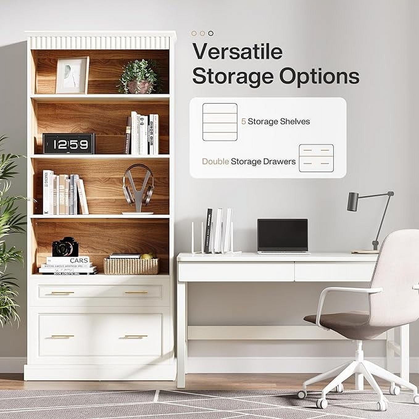 Tribesigns 5-Shelf Bookcase with File Cabinet Drawer, Modern Storage Shelf for Living Room, White