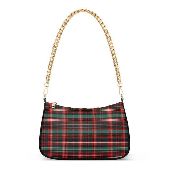 Womens Chain Shoulder Bag Red and Green Check Grid Classic Tote Handbags Fashion Clutch Hobo Purse with Zipper for Travel Casual
