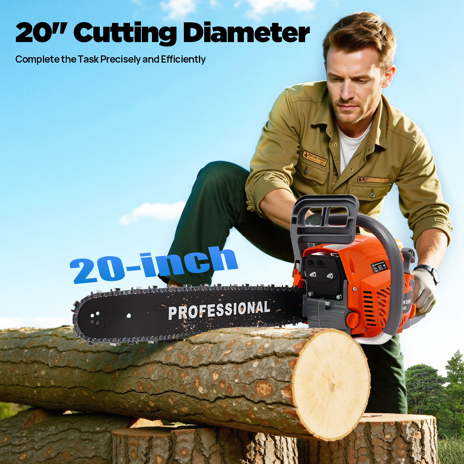 22 Inch Gas Powered Chain Saw, 2.4KW 52CC Gasoline Chainsaws with Bar Cover, 2-Cycle Power Chain Saw for Wood Cutting and Tree Pruning