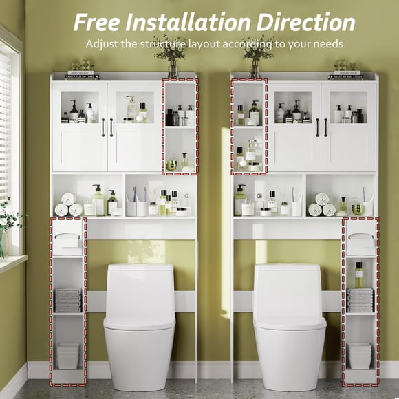 Over the Toilet Storage Cabinet – 67.4" Tall Freestanding Bathroom Organizer with Adjustable Shelves, Glass Doors, Anti-Tip Kit – Space-Saving Furniture for Laundry or Bathroom – White