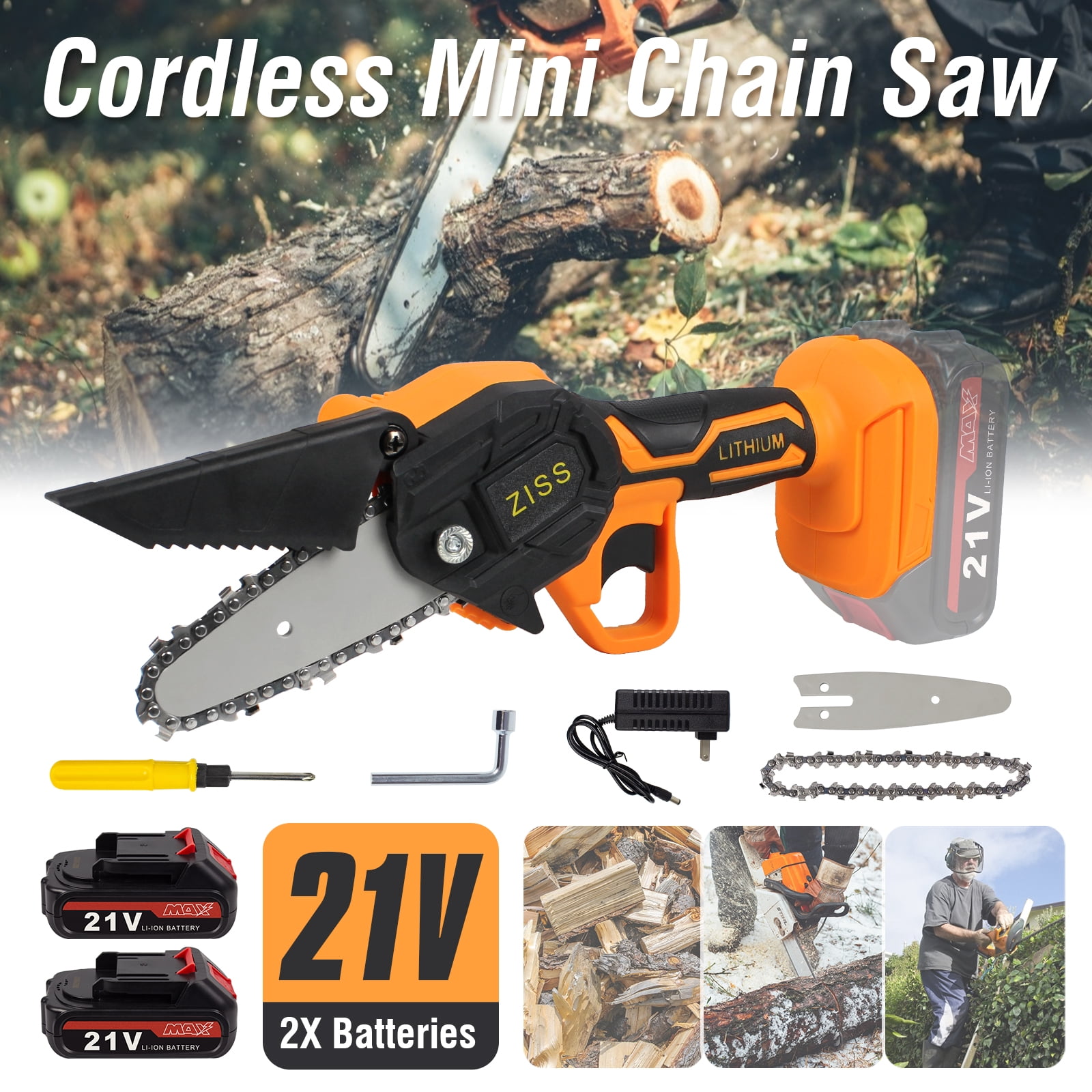 21V Cordless Electric Mini Chainsaw 4 inch 550W One-Hand Saw Wood Cutter Cutting Tool + 2 Batteries, Size: 4.5 x 2.95 x 13.39, Orange 43056-WM