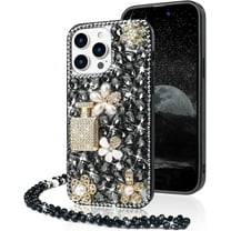 Compatible with iPhone 14 Pro Max Bling Case with Lanyard Strap Luxury 3D Diamond Crystal Rhinestone for Women Girls Glitter Sparkle Case Shiny Gemstone Perfume Bottle and Flower Design, Black