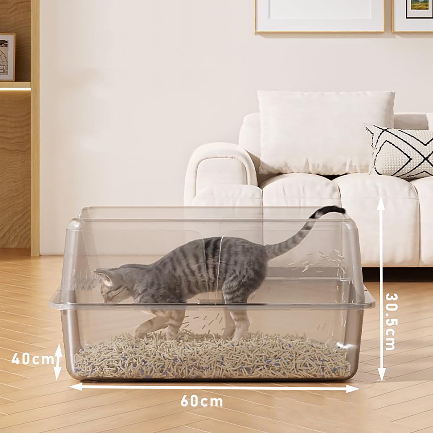 Splash & Leak Proof Stainless Steel Cat Litter Box with Lid – 6" Deep Extra Large Non-Stick Metal Tray – Easy Clean, Odor Control, Includes Scoop – Grey, 60×40×30.5cm