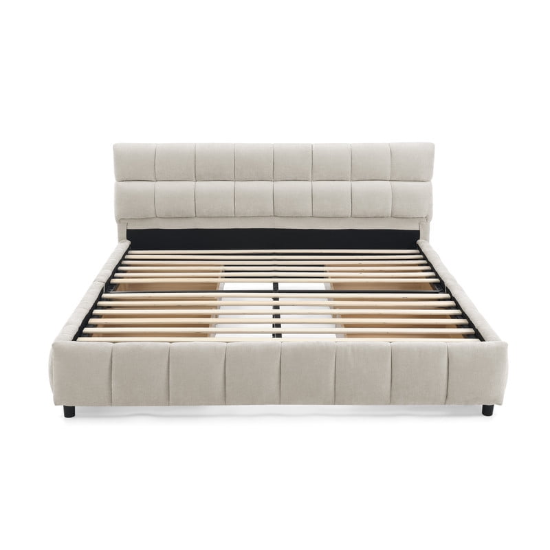Queen Size Upholstered Grounded Bed with 4 Storage Drawers, Low-Profile Chenille Platform Bed with Headboard, No Box Spring Needed