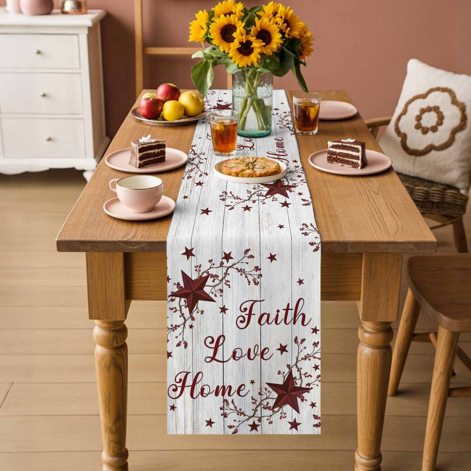 Retro Red Country Stars Table Runner, Faith Love Home Berries White Wood Striped Cotton Linen Kitchen Table Decoration Washable Dining Tabletop Runners for Home Party Decor 18x72 Inches