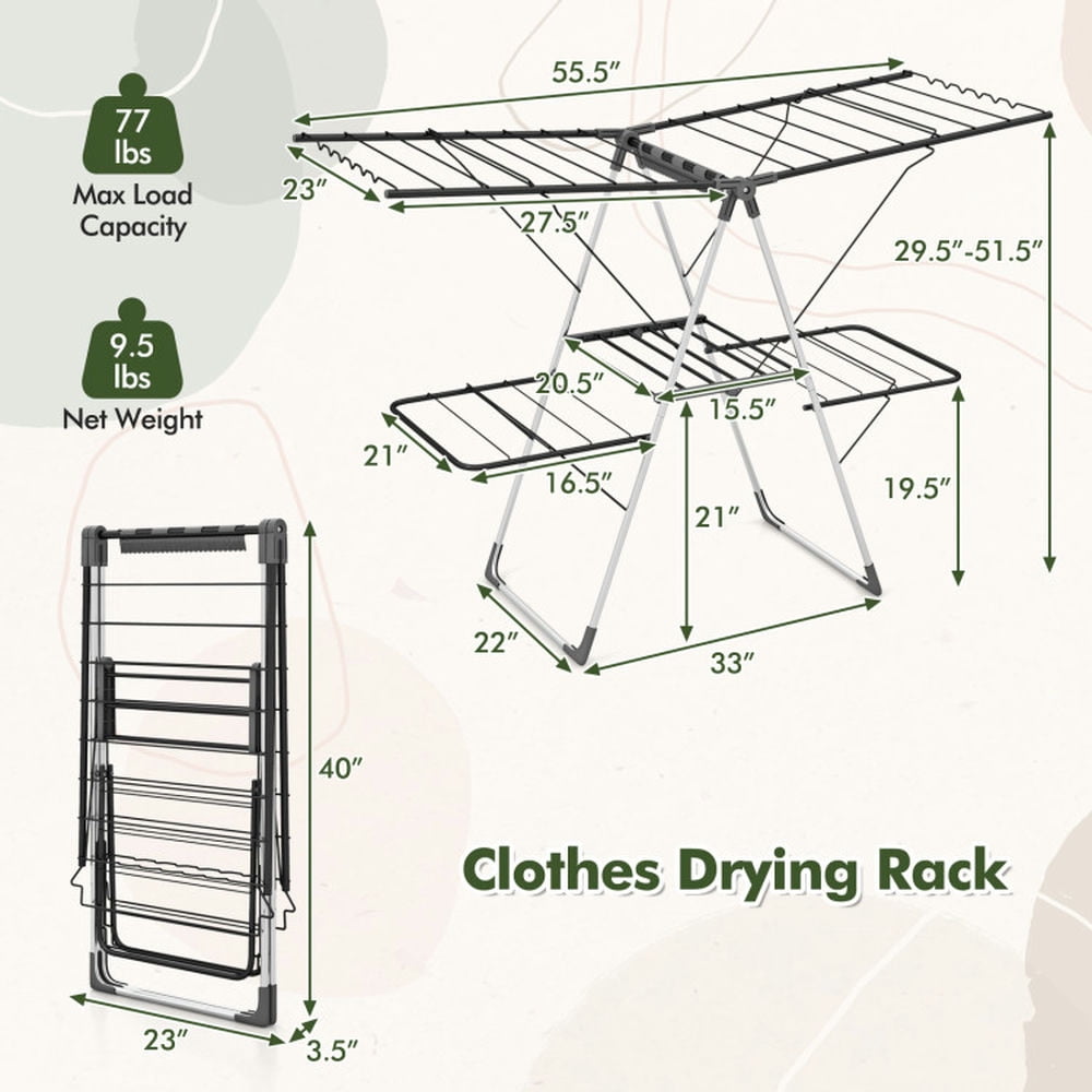 Finihen Drying Rack, Clothes Drying Rack, 2-Tier Clothes Drying Rack with 33 Drying Rails and Height Adjustable Gullwings, for Indoor, Outdoor, Silver