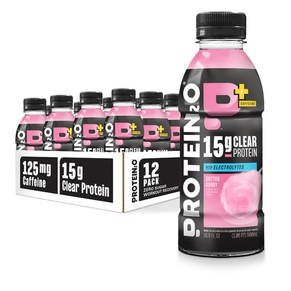 Protein2o 15g Whey Protein Isolate Hydration Drink Plus Energy & Focus, 350mg of Electrolytes, Vitamins B5 & B6, Sugar Free, Cotton Candy, 16.9 oz Bottle (Pack of 12)
