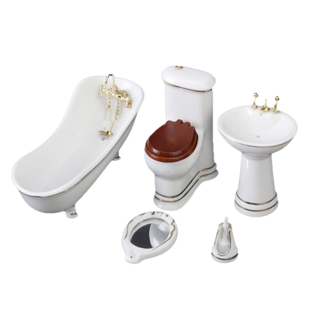 Dolls House Plain White Porcelain Bathroom Suite Miniature Furniture Set 