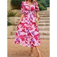thumbnail image 5 of Womens Summer Dresses 2025 Casual Puff Short Sleeve V Neck Floral Boho Maxi Dress Red M, 5 of 7