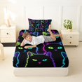 thumbnail image 3 of Manfei Neon Glow Cat Twin Fitted Sheet, Cartoon Kitten Animal Bedding, Black Cyan Purple, 2-Piece, 1 Fitted Sheet and 1 Pillowcase, 3 of 6