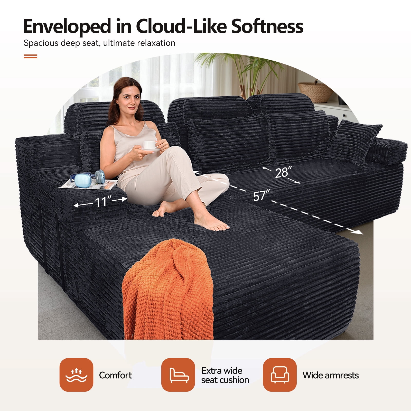 141" Super Large High Backrest Sectional Sofa&Couch, U-Shaped Soft Corduroy Modular Boneless Sofa with Deep Seat for Living Room Bedroom