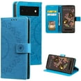 thumbnail image 6 of Case for Google Pixel 6, Premium Leather Flip Wallet Case with Card Slots Holder Kickstand Hand Strap Mandala Half Flower Design Embossed Shockproof Cover Case - Blue, 6 of 13