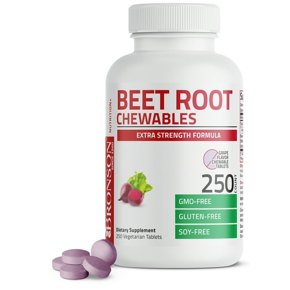 Bronson Beet Root Chewables 2000 MG, Grape Flavored - Extra Strength 2000 MG Per Serving Circulation Support Heart Health & Stamina, NON-GMO, 250 Vegetarian Grape Flavored Chewable Tablets
