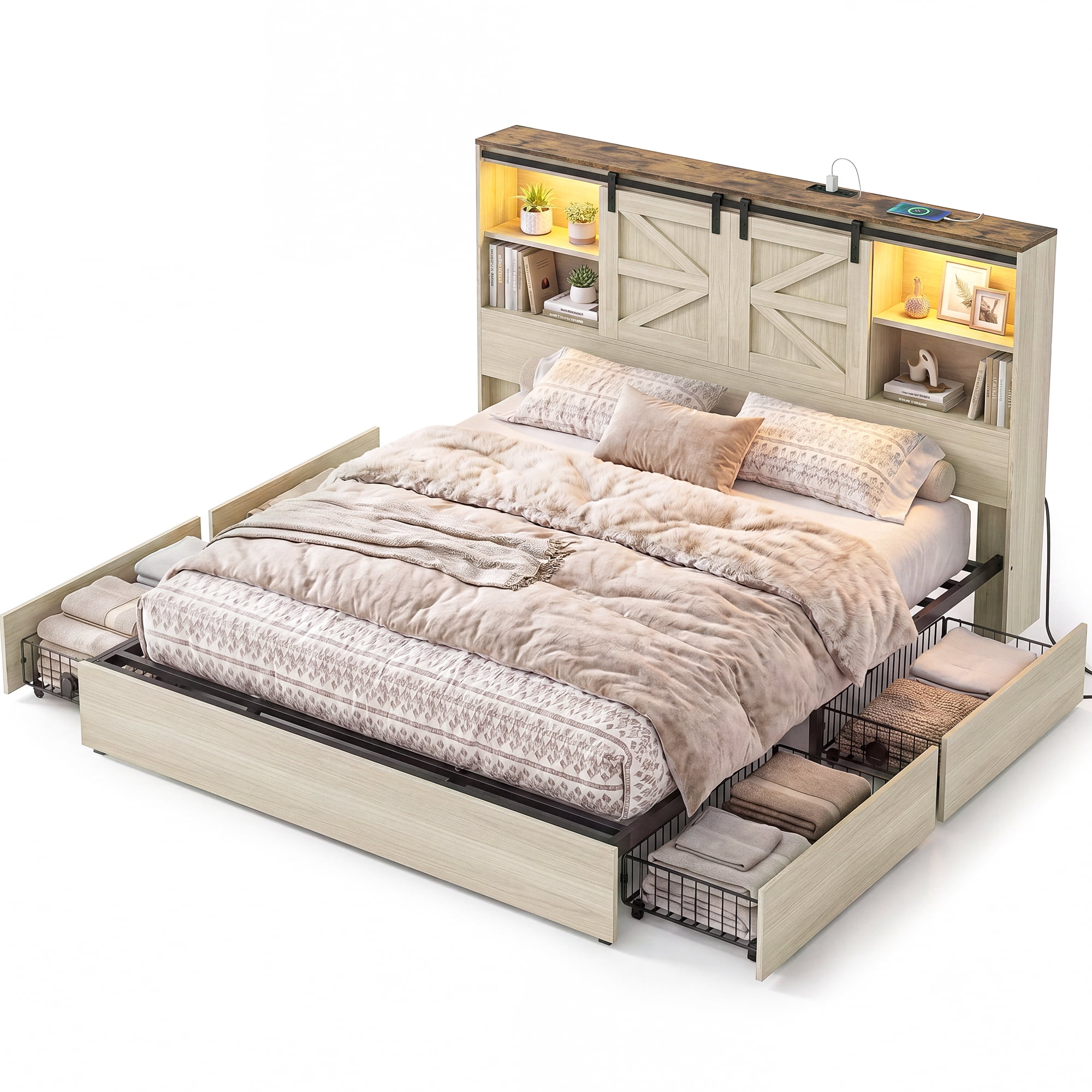 Uforic King Size Farmhouse Platform Bed Frame with Sliding Barn Door, 4 Wheeled Underbed Storage Drawers, No Box Spring Required, White