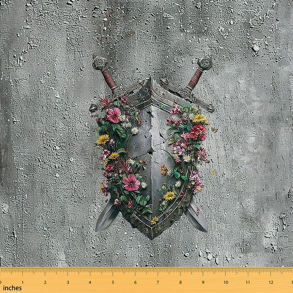 jejeloiu Ancient Shield Fabric by the Yard 1 Yard,Western Country Flower Home Decor Fabric by the Yard,Silver Green Pink Sewing Fabric,Microfiber Bedroom Decor