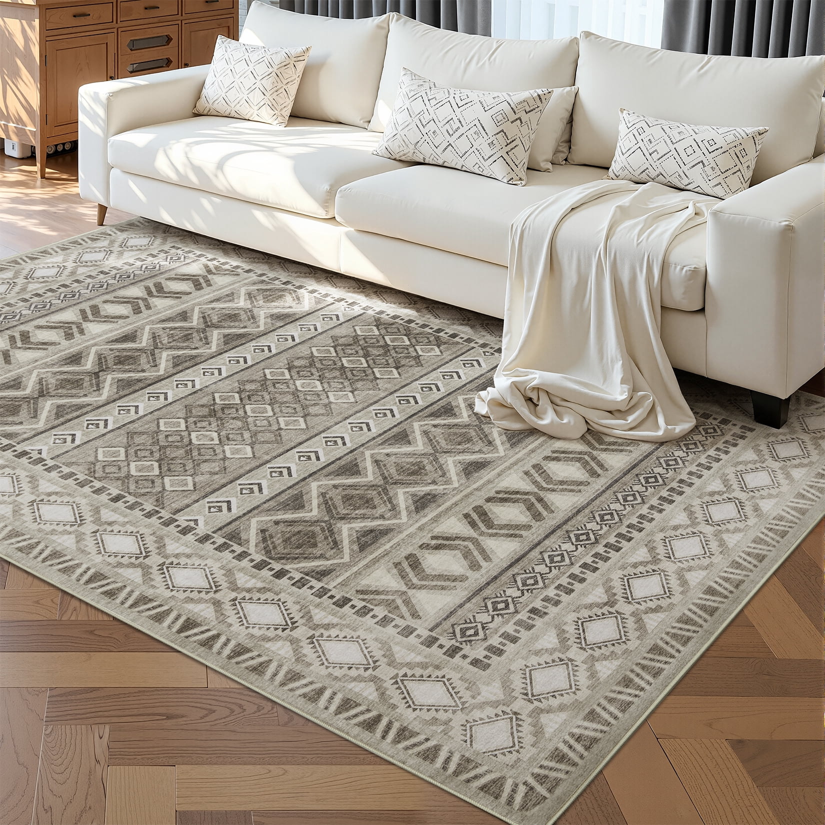 Toyoso 8x10 Southwestern Tribal Area Rug, Boho Geometric Carpet, 0.25" Durable Machine Washable Non-Slip Floor Cover for Dining Room and Living Area Centerpiece, Pet Friendly Rug
