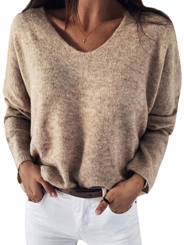 Women Long Sleeve Solid Color V Neck Knitted Sweater - Walmart.com ...