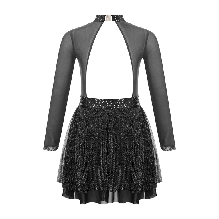 Alvivi Girls Shiny Diamond Hollow Back Figure Ice Skating Dress Long Sleeve  Mesh Splice Ballet Dresses Black 10 - Walmart.com