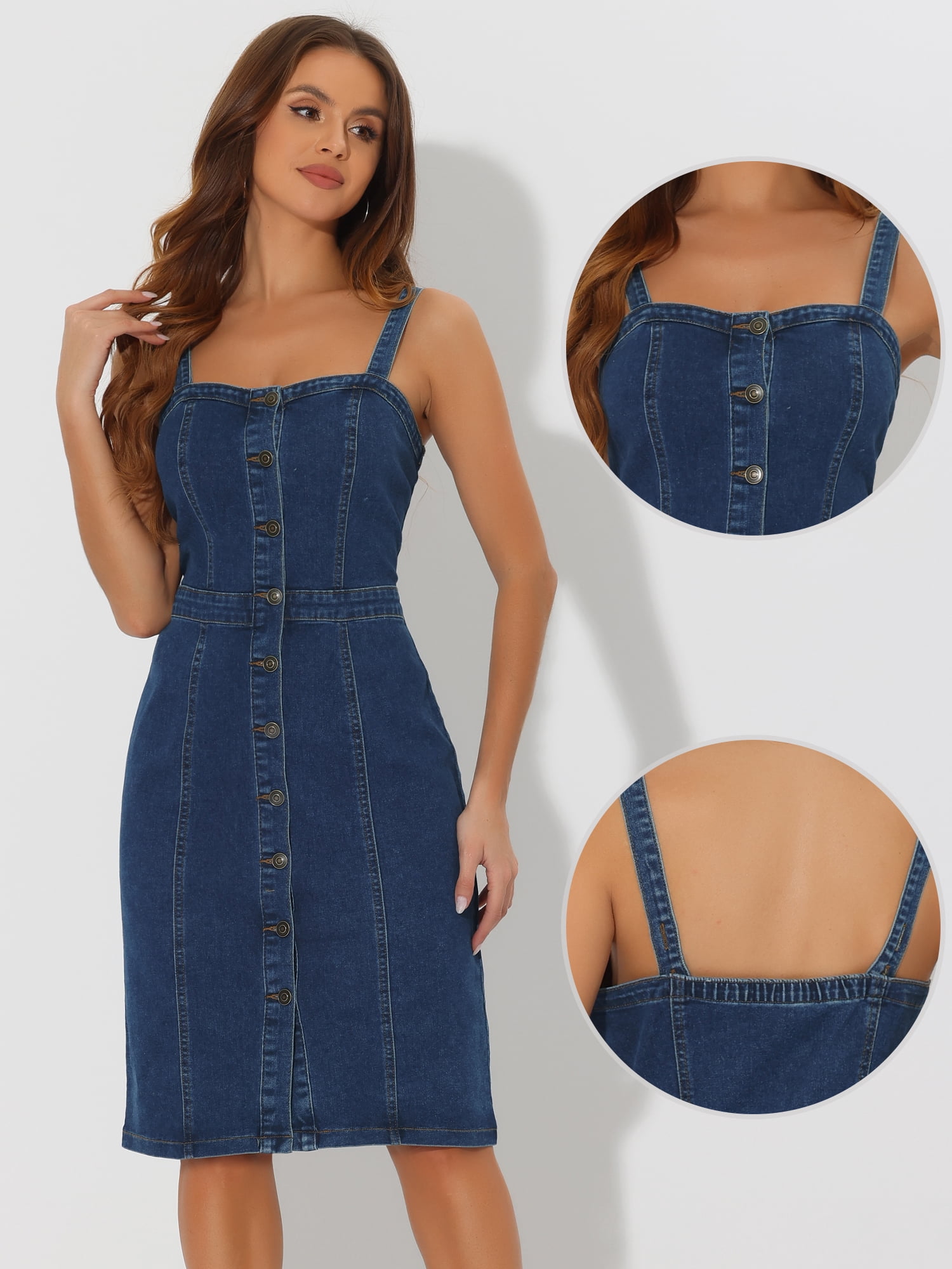 DARING DIVA Button Down Denim Sleeveless Sweetheart Neck Jean Dresses S Dark Blue