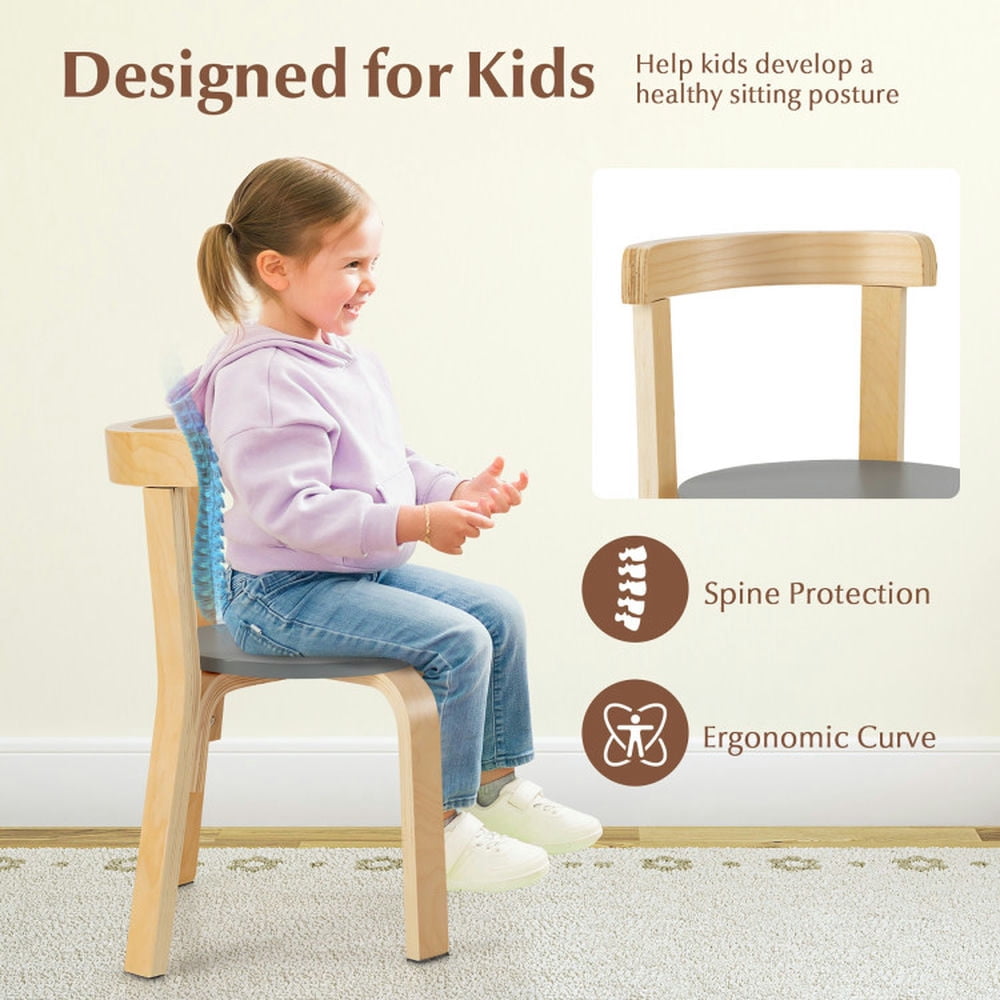 Kadyn Children Kids Table Chair Set,Children Playroom Table Chair Set,5-Piece Kids Wooden Curved Back Activity Table and Chair Set with Toy Bricks-Gray