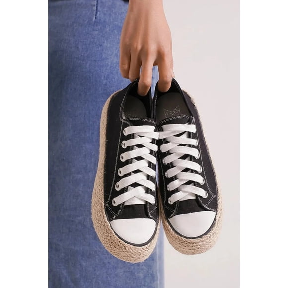 I AM A FASHION JUNKY Beast Fashion Lace Up Woven Espadrille Sole Sneakers (Black, 11)