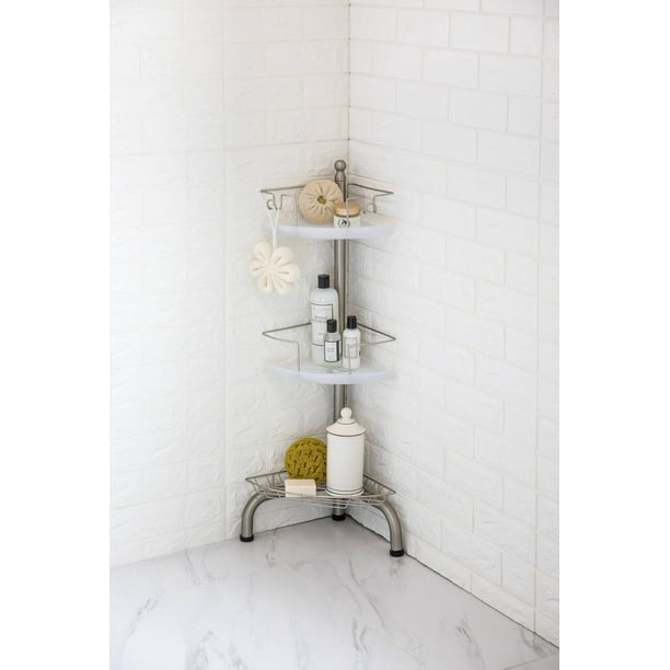 HomeZone 3 Tier Corner Shower Caddy with Adjustable Shelves Satin